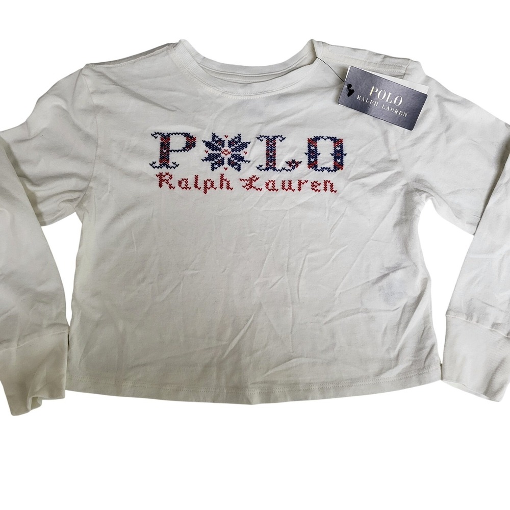 Polo Ralph Lauren Kids Size Small White Long Sleeve Crew Neck Graphic‎ Tee NWT